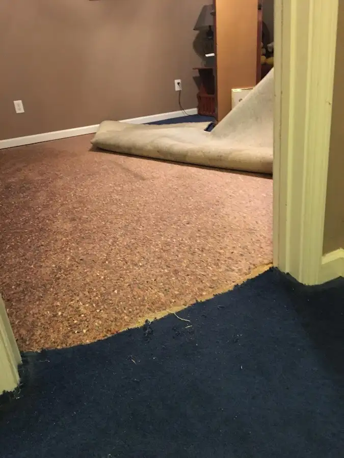 Carpet pad removal revealing water damage during Drying & Dehumidification in Farmington